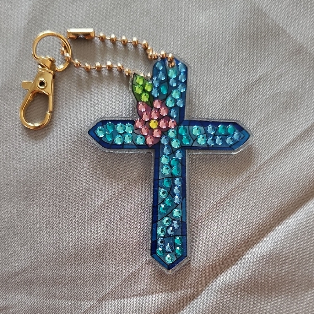 Double Sided Blue Rhinestone Cross Keychain with Flower